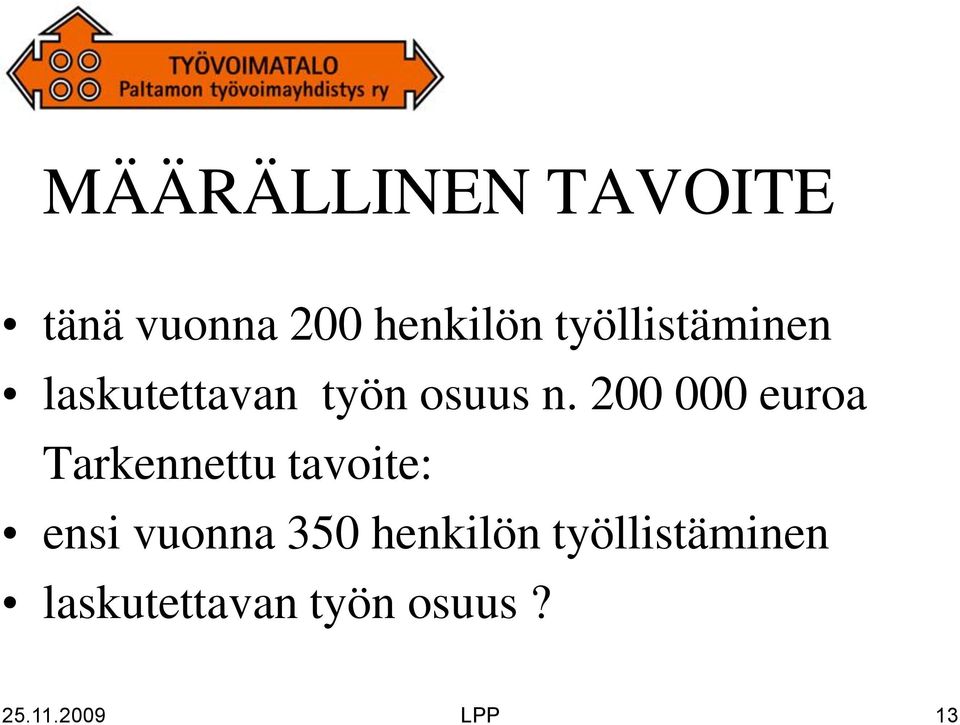 200 000 euroa Tarkennettu tavoite: ensi vuonna 350