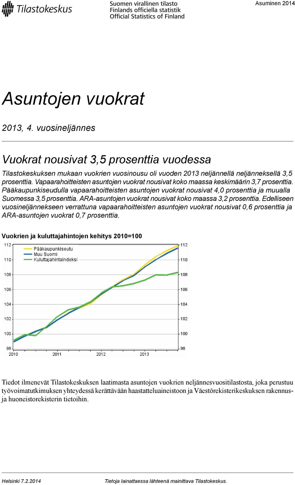 ARA-asuntojen vuokrat nousivat koko maassa prosenttia Edelliseen vuosineljännekseen verrattuna vapaarahoitteisten asuntojen vuokrat nousivat prosenttia ja ARA-asuntojen vuokrat prosenttia Vuokrien ja