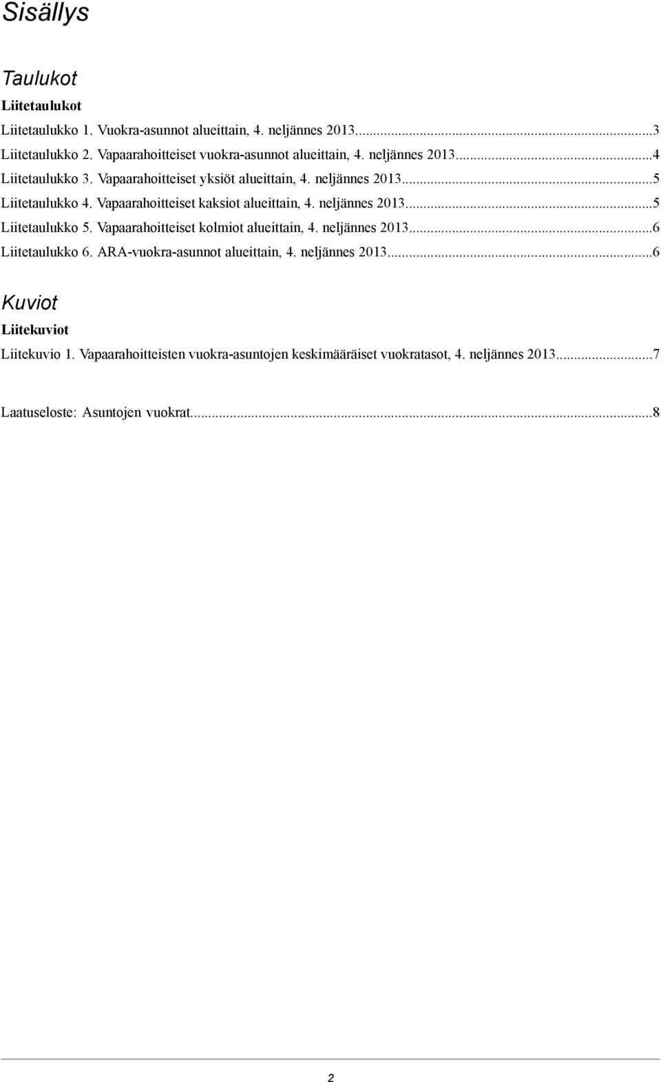 alueittain, 4 neljännes 20135 Liitetaulukko 5 Vapaarahoitteiset kolmiot alueittain, 4 neljännes 20136 Liitetaulukko 6 ARA-vuokra-asunnot alueittain,
