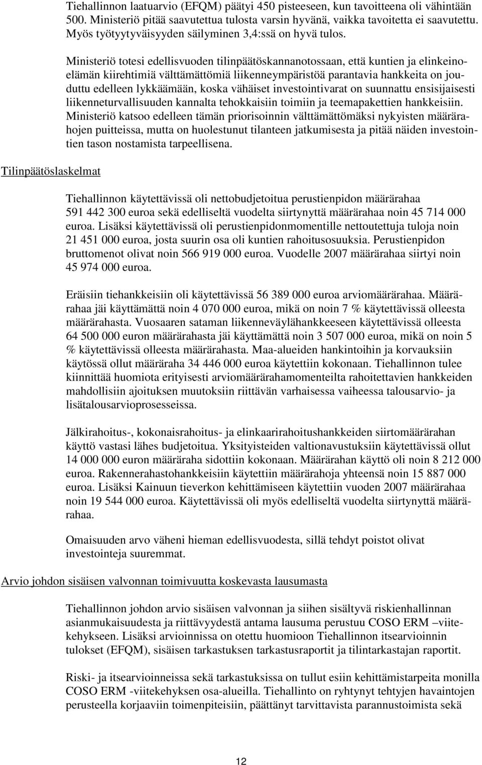 Ministeriö totesi edellisvuoden tilinpäätöskannanotossaan, että kuntien ja elinkeinoelämän kiirehtimiä välttämättömiä liikenneympäristöä parantavia hankkeita on jouduttu edelleen lykkäämään, koska