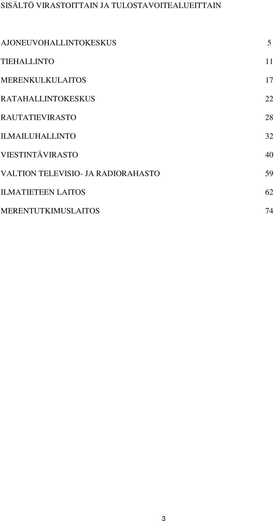 RATAHALLINTOKESKUS 22 RAUTATIEVIRASTO 28 ILMAILUHALLINTO 32