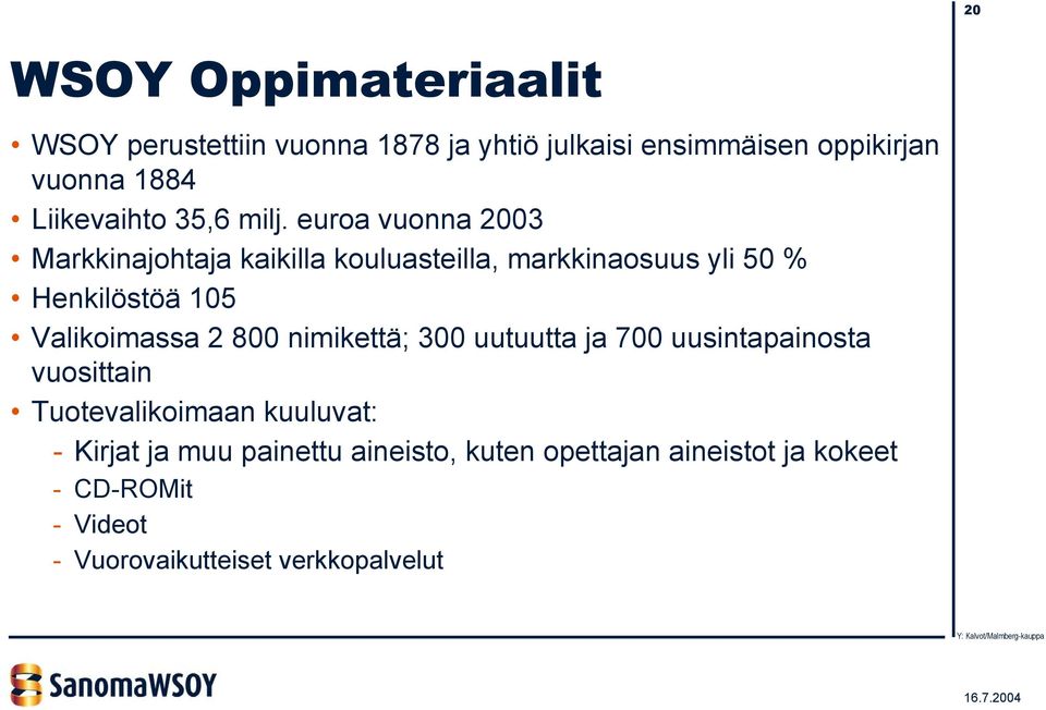 euroa vuonna 2003 Markkinajohtaja kaikilla kouluasteilla, markkinaosuus yli 50 % Henkilöstöä 105 Valikoimassa 2