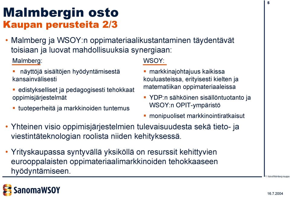 erityisesti kielten ja matematiikan oppimateriaaleissa YDP:n sähköinen sisällöntuotanto ja WSOY:n OPIT-ympäristö monipuoliset markkinointiratkaisut Yhteinen visio oppimisjärjestelmien