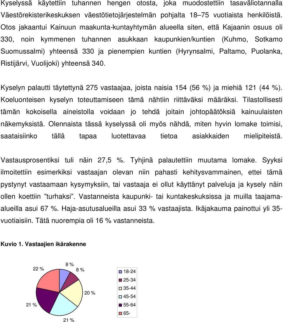 kuntien (Hyrynsalmi, Paltamo, Puolanka, Ristijärvi, Vuolijoki) yhteensä 34. Kyselyn palautti täytettynä 275 vastaajaa, joista naisia 154 (56 %) ja miehiä 121 (44 %).