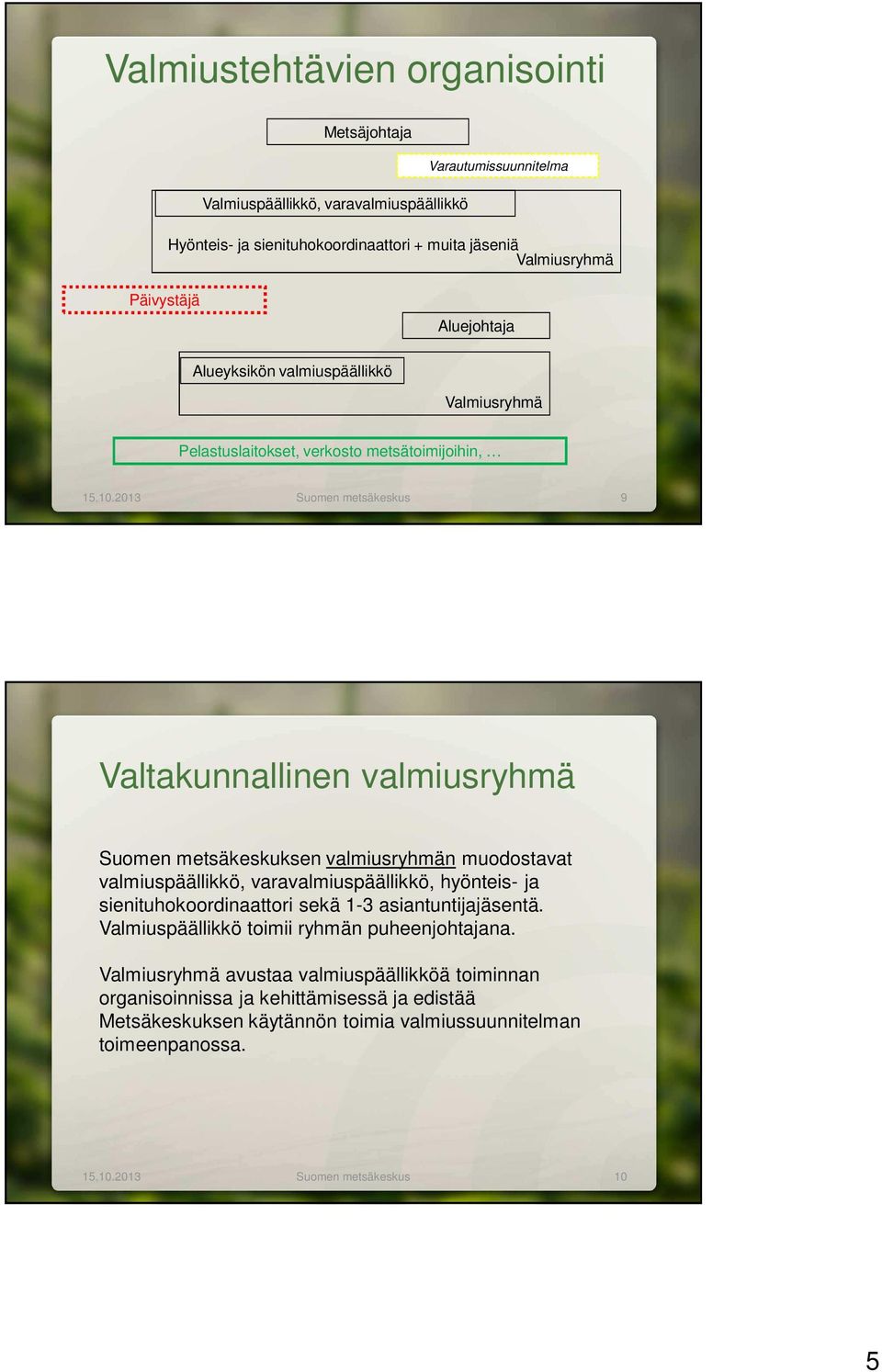 2013 Suomen metsäkeskus 9 Valtakunnallinen valmiusryhmä Suomen metsäkeskuksen valmiusryhmän muodostavat valmiuspäällikkö, varavalmiuspäällikkö, hyönteis- ja sienituhokoordinaattori sekä