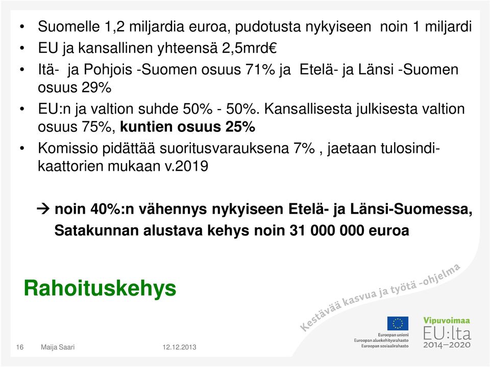 Kansallisesta julkisesta valtion osuus 75%, kuntien osuus 25% Komissio pidättää suoritusvarauksena 7%, jaetaan