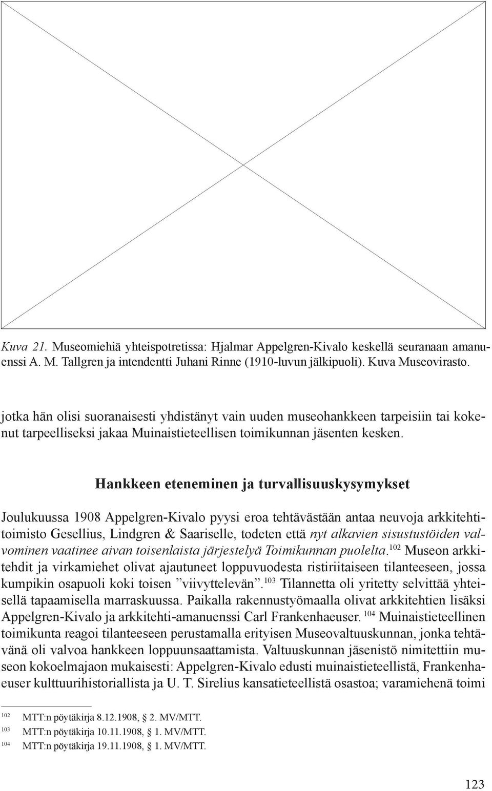 Hankkeen eteneminen ja turvallisuuskysymykset Joulukuussa 1908 Appelgren-Kivalo pyysi eroa tehtävästään antaa neuvoja arkkitehtitoimisto Gesellius, Lindgren & Saariselle, todeten että nyt alkavien