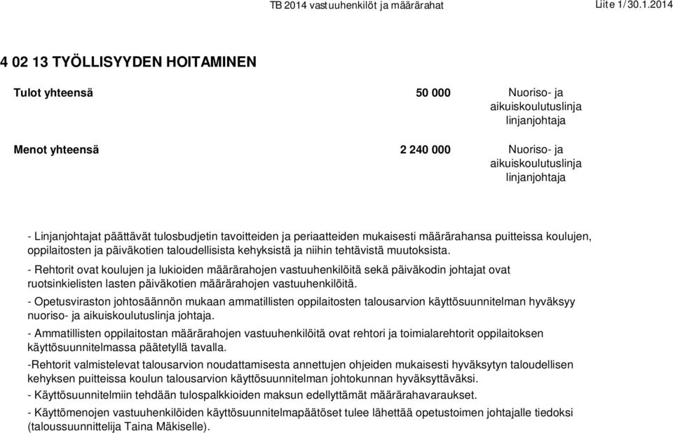 - Rehtorit ovat koulujen ja lukioiden määrärahojen vastuuhenkilöitä sekä päiväkodin johtajat ovat ruotsinkielisten lasten päiväkotien määrärahojen vastuuhenkilöitä.