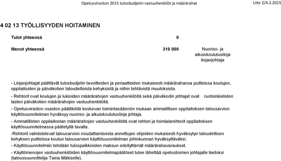 - Rehtorit ovat koulujen ja lukioiden määrärahojen vastuuhenkilöitä sekä päiväkodin johtajat ovat ruotsinkielisten lasten päiväkotien määrärahojen vastuuhenkilöitä.