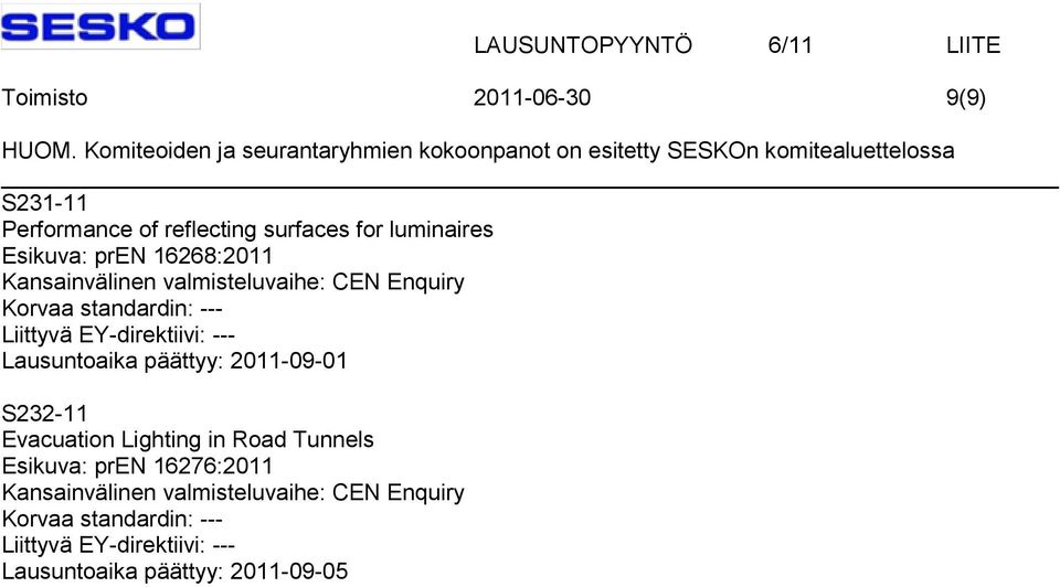 päättyy: 2011-09-01 S232-11 Evacuation Lighting in Road Tunnels Esikuva: pren