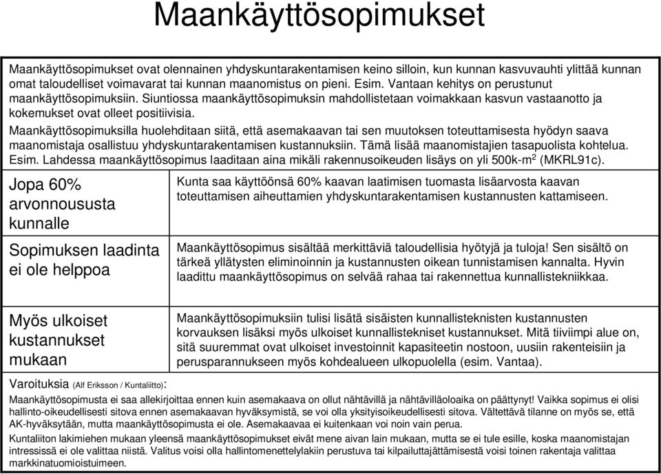 Maankäyttösopimuksilla huolehditaan siitä, että asemakaavan tai sen muutoksen toteuttamisesta hyödyn saava maanomistaja osallistuu yhdyskuntarakentamisen kustannuksiin.