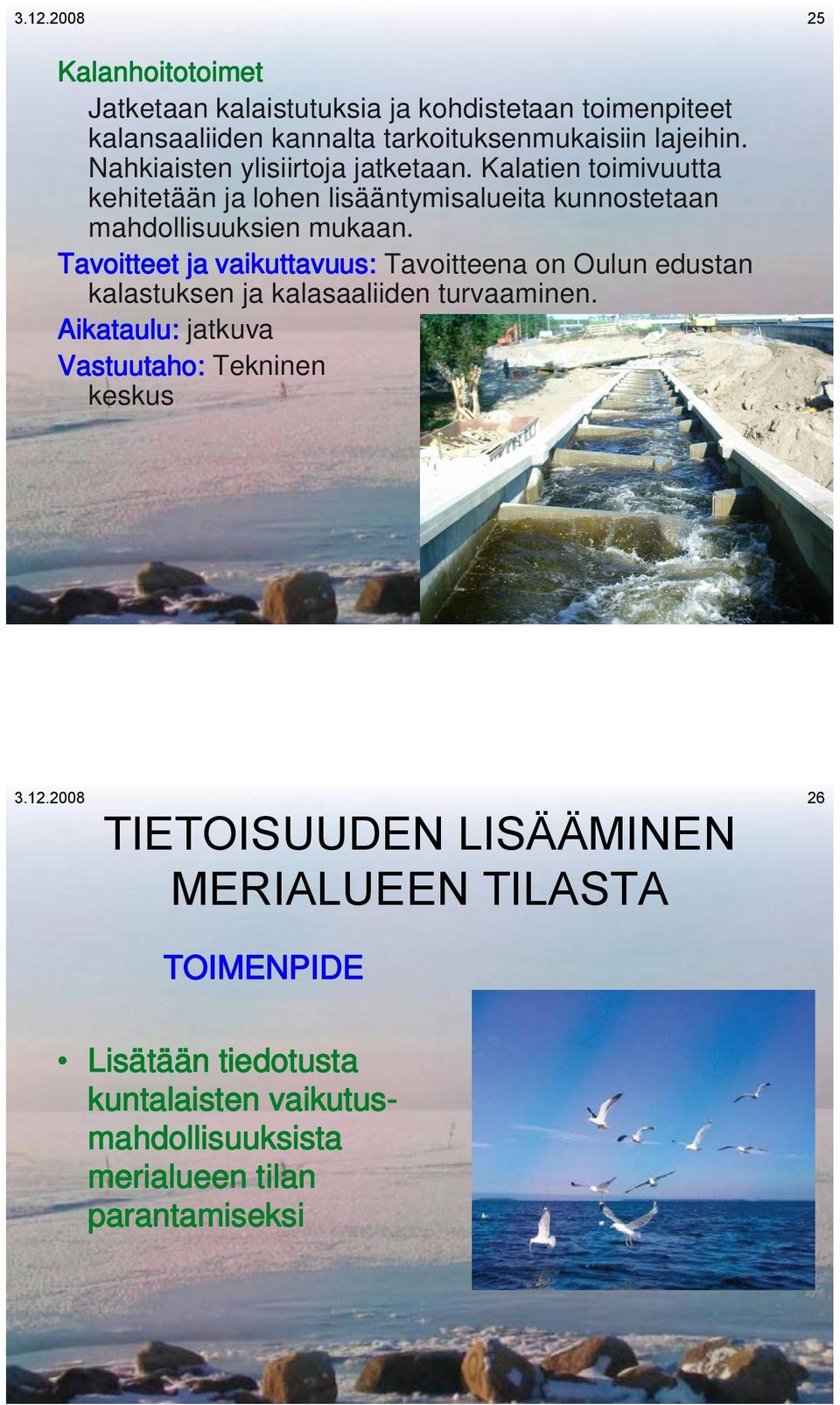 Tavoitteet ja vaikuttavuus: Tavoitteena on Oulun edustan kalastuksen ja kalasaaliiden turvaaminen.