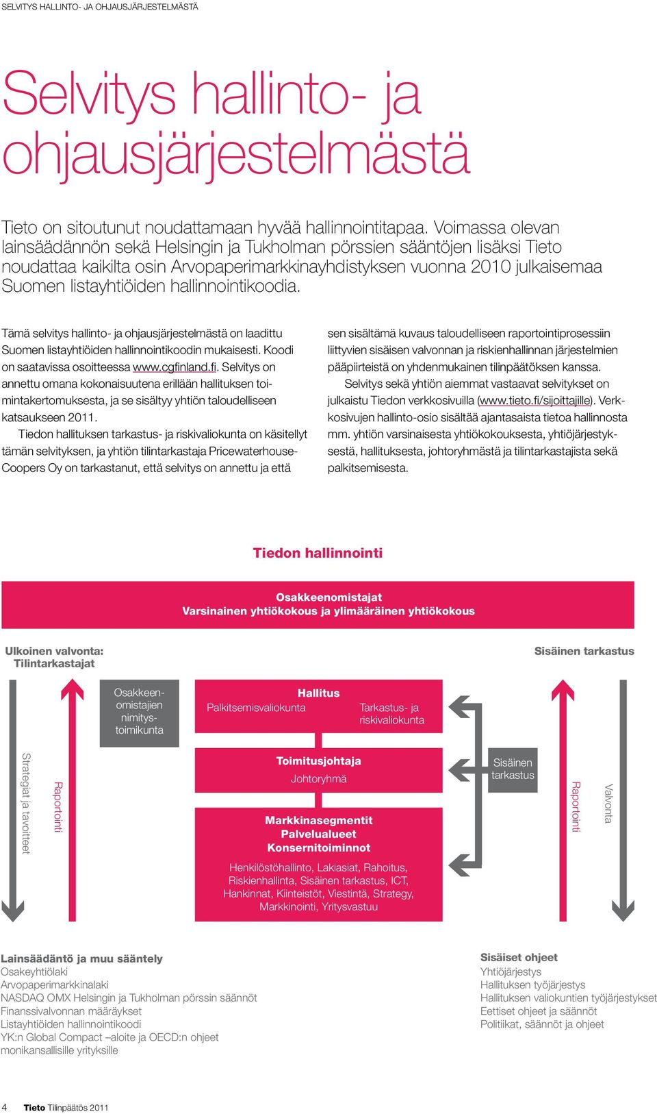 hallinnointikoodia. Tämä selvitys hallinto- ja ohjausjärjestelmästä on laadittu Suomen listayhtiöiden hallinnointikoodin mukaisesti. Koodi on saatavissa osoitteessa www.cgfin