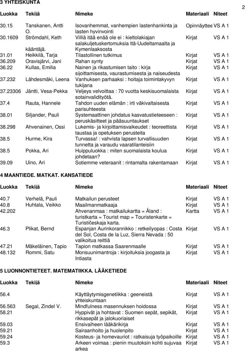 01 Heikkilä, Tarja Tilastollinen tutkimus Kirjat VS A 1 36.209 Oravisjärvi, Jani Rahan synty Kirjat VS A 1 36.