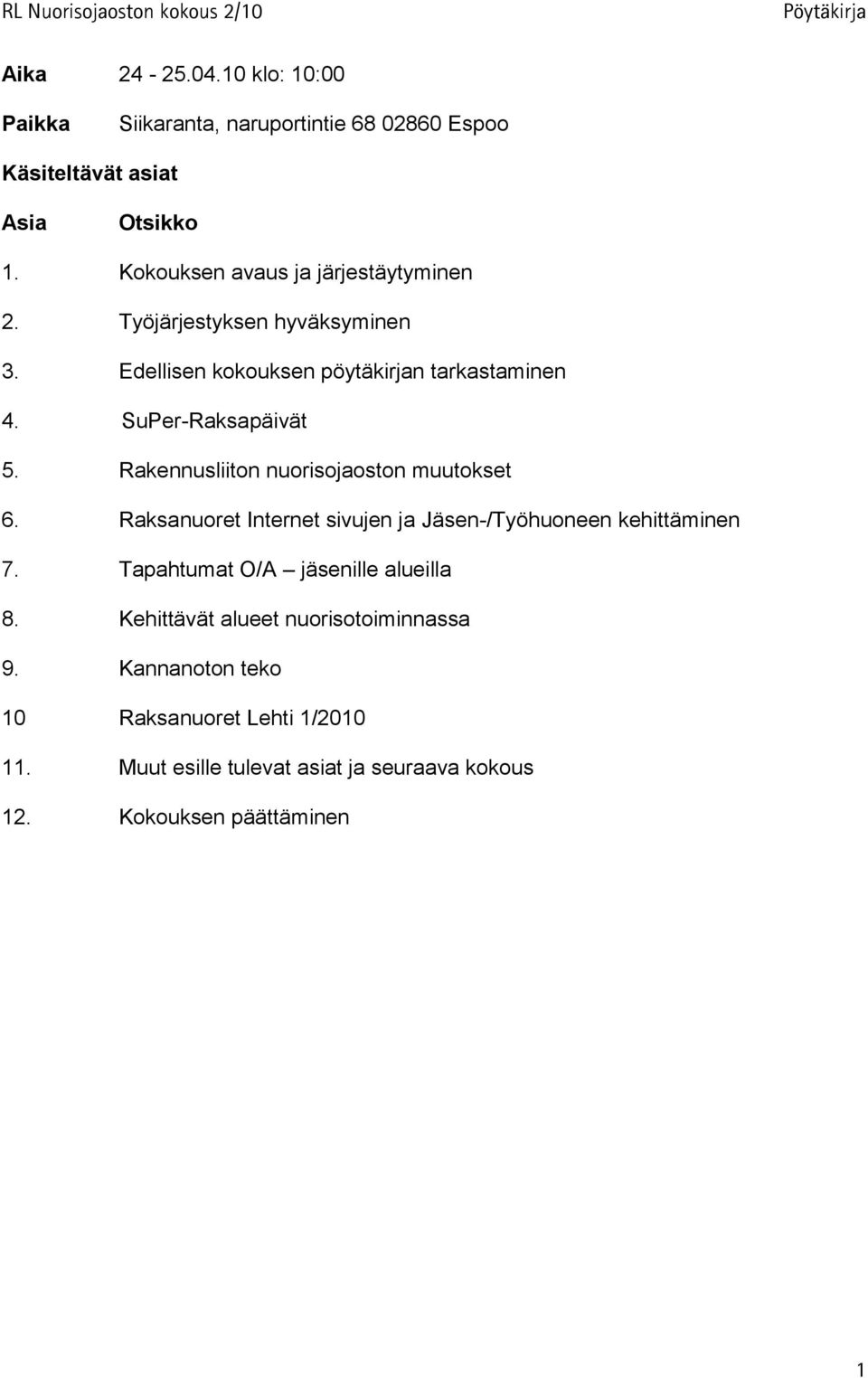 Rakennusliiton nuorisojaoston muutokset 6. Raksanuoret Internet sivujen ja Jäsen-/Työhuoneen kehittäminen 7.