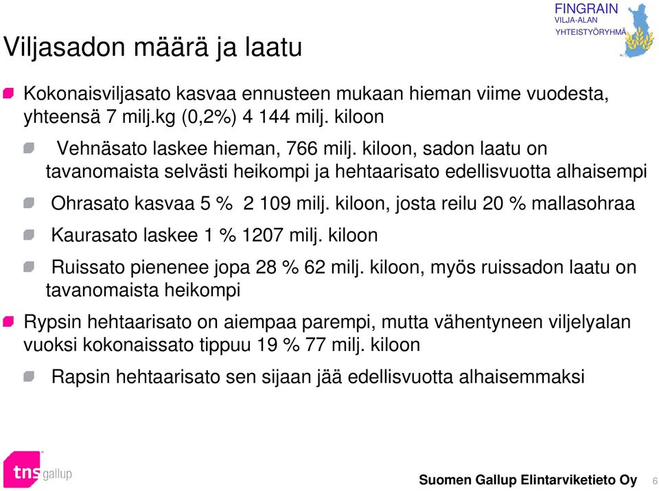 kiloon, sadon laatu on tavanomaista selvästi heikompi ja hehtaarisato edellisvuotta alhaisempi Ohrasato kasvaa 5 % 2 109 milj.