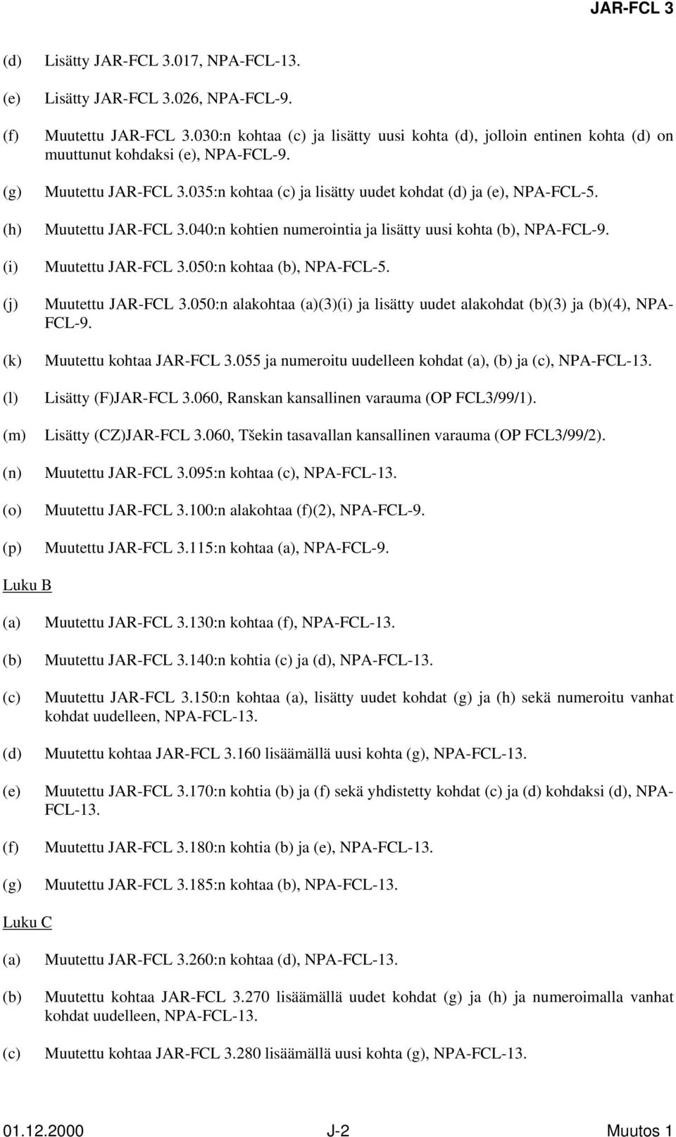 Muutettu JAR-FCL 3.040:n kohtien numerointia ja lisätty uusi kohta (b), NPA-FCL-9. Muutettu JAR-FCL 3.050:n kohtaa (b), NPA-FCL-5. Muutettu JAR-FCL 3.050:n alakohtaa (a)(3)(i) ja lisätty uudet alakohdat (b)(3) ja (b)(4), NPA- FCL-9.