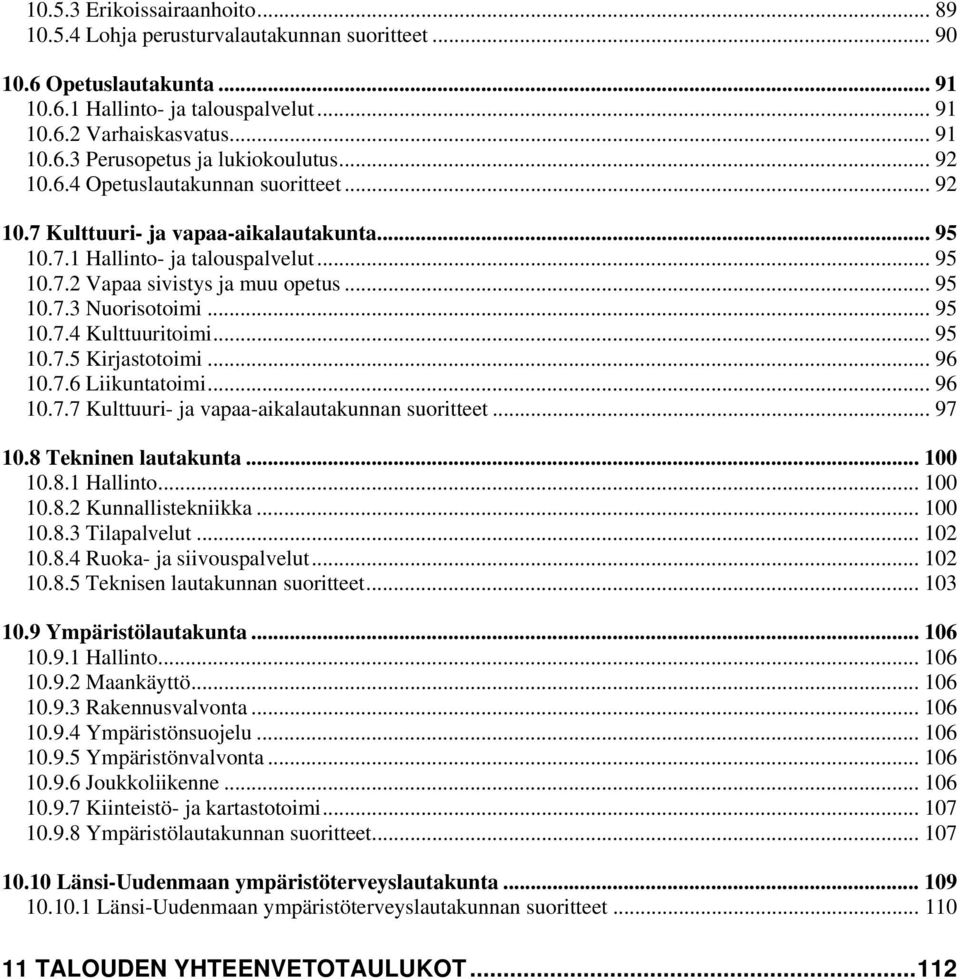.. 95 10.7.4 Kulttuuritoimi... 95 10.7.5 Kirjastotoimi... 96 10.7.6 Liikuntatoimi... 96 10.7.7 Kulttuuri- ja vapaa-aikalautakunnan suoritteet... 97 10.8 Tekninen lautakunta... 100 10.8.1 Hallinto.
