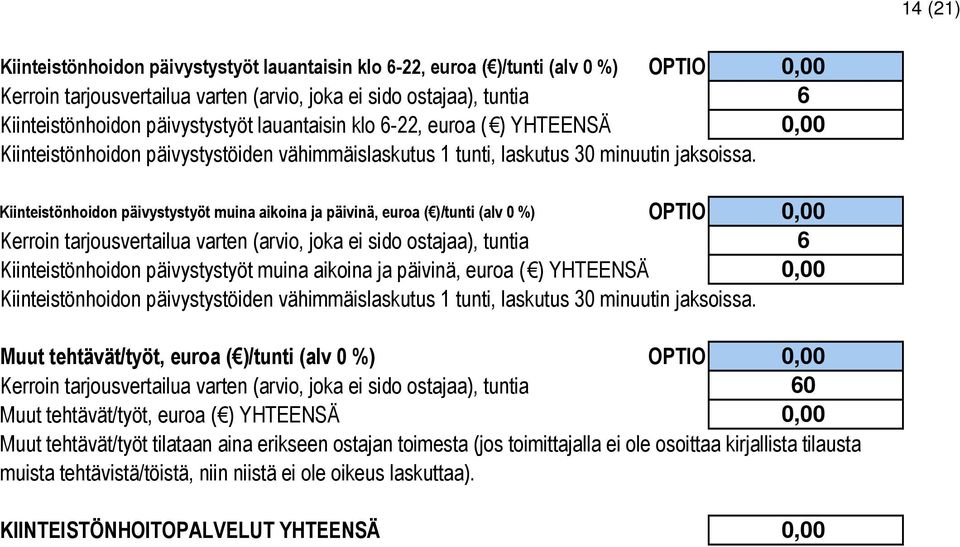 euroa ( ) YHTEENSÄ Muut tehtävät/työt, euroa ( )/tunti (alv 0 %) Muut tehtävät/työt, euroa ( ) YHTEENSÄ 0 Muut tehtävät/työt tilataan aina erikseen