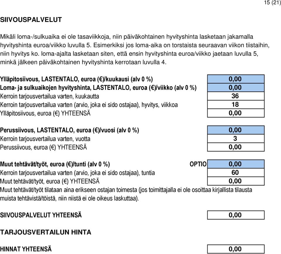 loma-ajalta lasketaan siten, että ensin hyvityshinta euroa/viikko jaetaan luvulla 5, minkä jälkeen päiväkohtainen hyvityshinta kerrotaan luvulla 4.