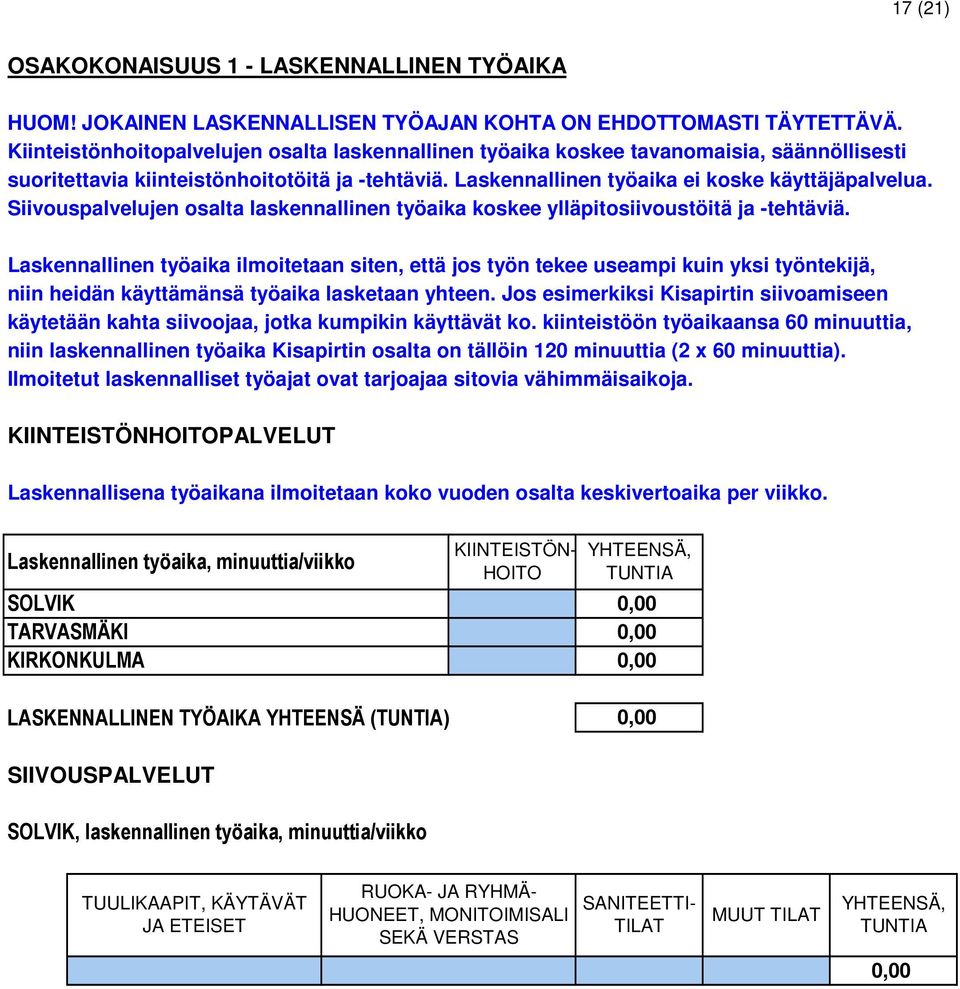 Siivouspalvelujen osalta laskennallinen työaika koskee ylläpitosiivoustöitä ja -tehtäviä.