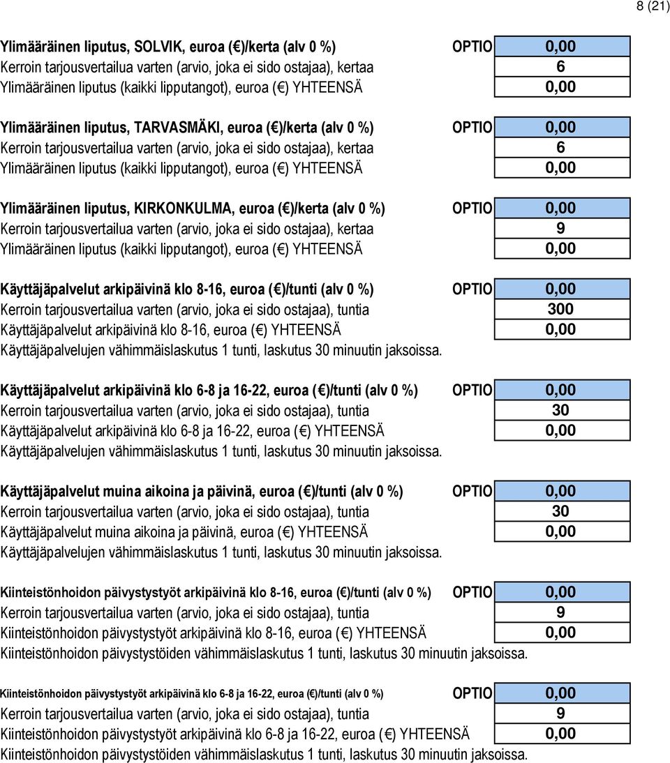 Ylimääräinen liputus, KIRKONKULMA, euroa ( )/kerta (alv 0 %) Kerroin tarjousvertailua varten (arvio, joka ei sido ostajaa), kertaa Ylimääräinen liputus (kaikki lipputangot), euroa ( ) YHTEENSÄ