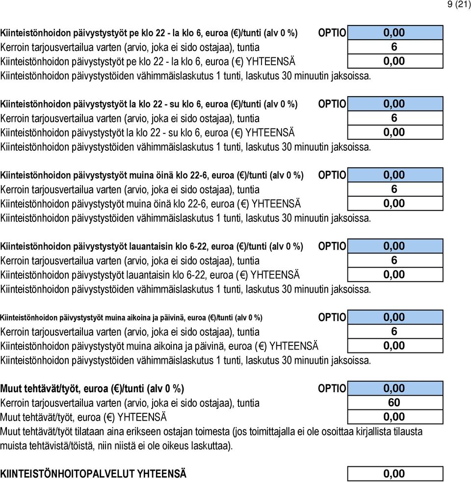 Kiinteistönhoidon päivystystyöt muina öinä klo 22-, euroa ( ) YHTEENSÄ Kiinteistönhoidon päivystystyöt lauantaisin klo -22, euroa ( )/tunti (alv 0 %) Kiinteistönhoidon päivystystyöt lauantaisin klo