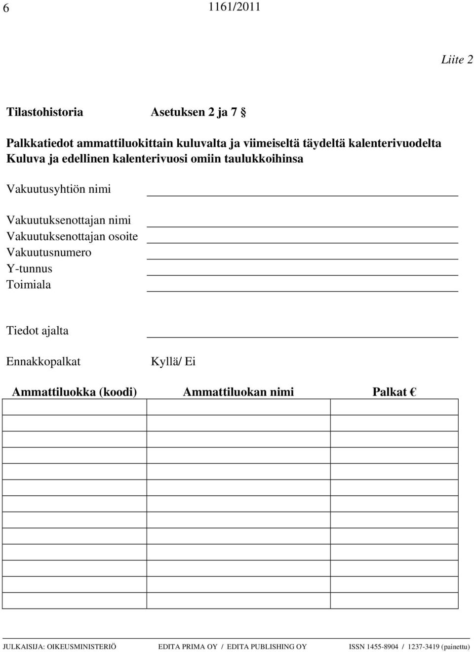 Vakuutuksenottajan osoite Vakuutusnumero Y-tunnus Toimiala Tiedot ajalta Ennakkopalkat Kyllä/ Ei Ammattiluokka (koodi)