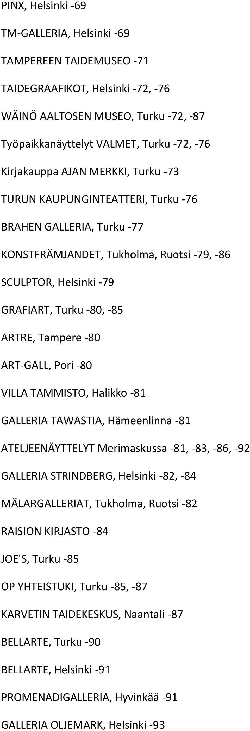 Pori -80 VILLA TAMMISTO, Halikko -81 GALLERIA TAWASTIA, Hämeenlinna -81 ATELJEENÄYTTELYT Merimaskussa -81, -83, -86, -92 GALLERIA STRINDBERG, Helsinki -82, -84 MÄLARGALLERIAT, Tukholma, Ruotsi -82