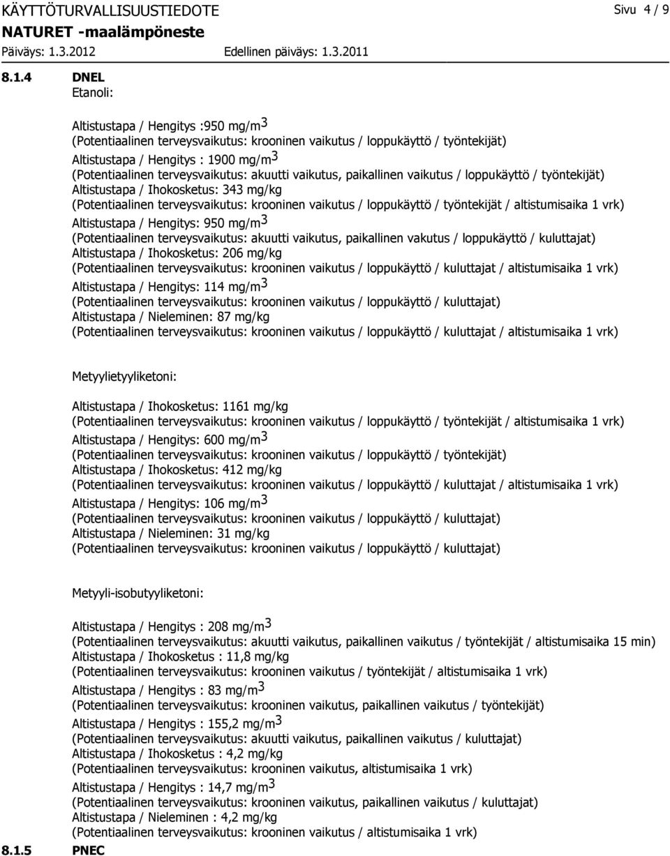 akuutti vaikutus, paikallinen vaikutus / loppukäyttö / työntekijät) Altistustapa / Ihokosketus: 343 mg/kg (Potentiaalinen terveysvaikutus: krooninen vaikutus / loppukäyttö / työntekijät /