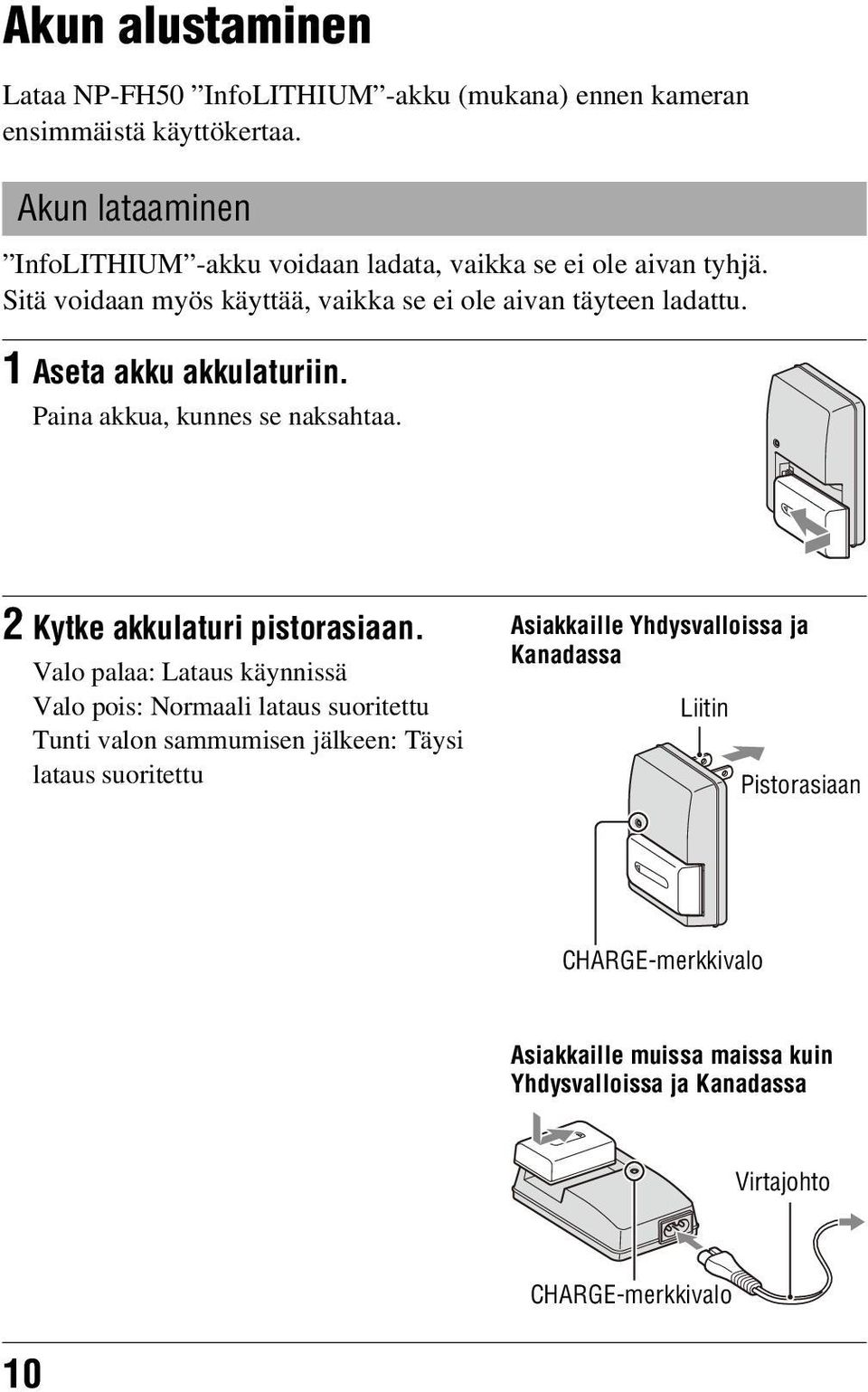 1 Aseta akku akkulaturiin. Paina akkua, kunnes se naksahtaa. 2 Kytke akkulaturi pistorasiaan.