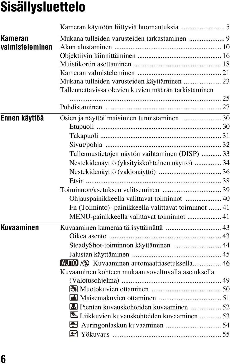 .. 27 Ennen käyttöä Osien ja näyttöilmaisimien tunnistaminen... 30 Etupuoli... 30 Takapuoli... 31 Sivut/pohja... 32 Tallennustietojen näytön vaihtaminen (DISP).