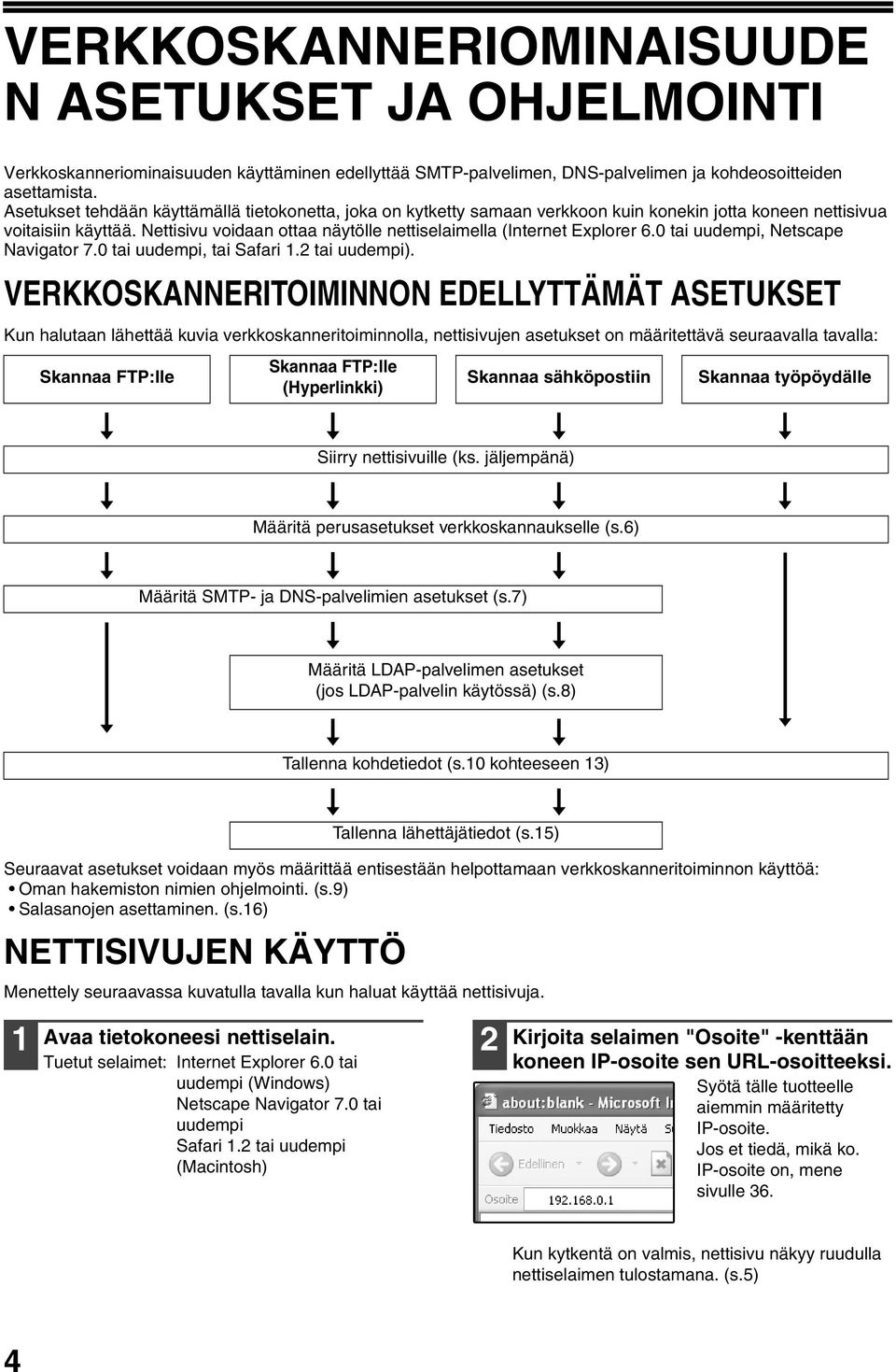 Nettisivu voidaan ottaa näytölle nettiselaimella (Internet Explorer 6.0 tai uudempi, Netscape Navigator 7.0 tai uudempi, tai Safari. tai uudempi).