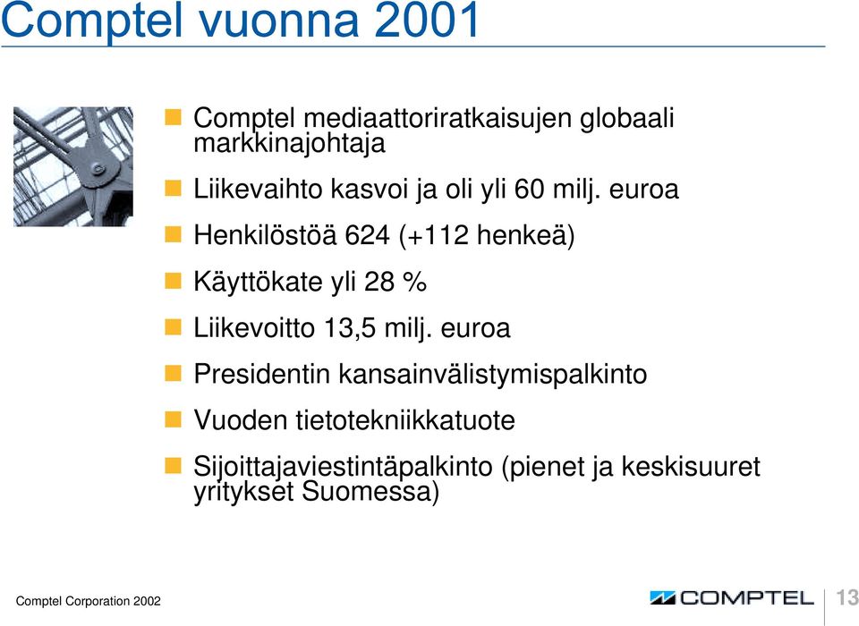 euroa ❶ Henkilöstöä 624 (+112 henkeä) ❶ Käyttökate yli 28 % ❶ Liikevoitto 13,5 milj.