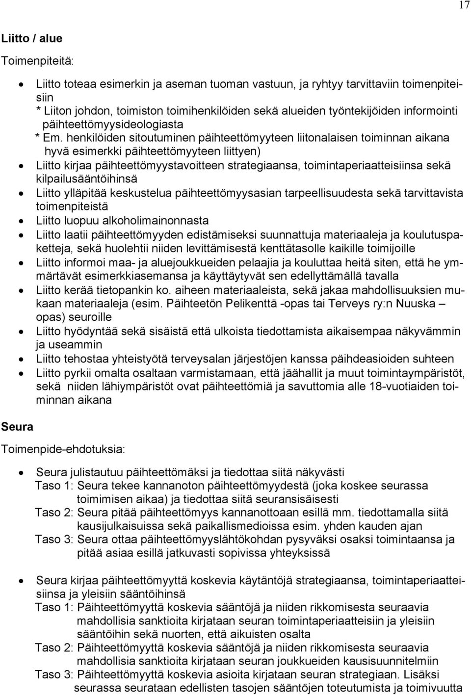 henkilöiden sitoutuminen päihteettömyyteen liitonalaisen toiminnan aikana hyvä esimerkki päihteettömyyteen liittyen) Liitto kirjaa päihteettömyystavoitteen strategiaansa, toimintaperiaatteisiinsa