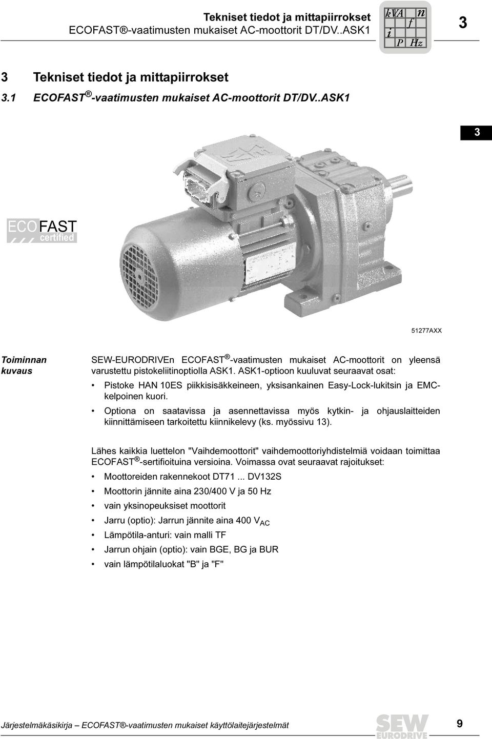 .ASK 5 ECOFAST certified 6 8 Toiminnan kuvaus 5AXX SEW-EURODRIVEn ECOFAST -vaatimusten mukaiset AC-moottorit on yleensä varustettu pistokeliitinoptiolla ASK.