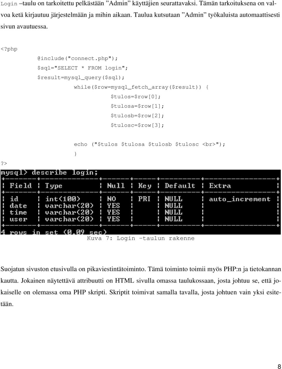 $sql="select * FROM login"; $result=mysql_query($sql); while($row=mysql_fetch_array($result)) { $tulos=$row[0]; $tulosa=$row[1]; $tulosb=$row[2]; $tulosc=$row[3]; echo ("$tulos $tulosa