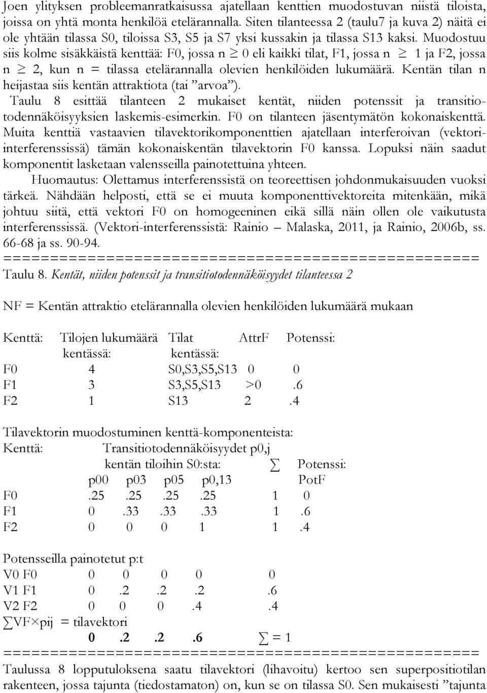 Muodostuu siis kolme sisäkkäistä kenttää: F0, jossa n 0 eli kaikki tilat, F1, jossa n 1 ja F2, jossa n 2, kun n = tilassa etelärannalla olevien henkilöiden lukumäärä.