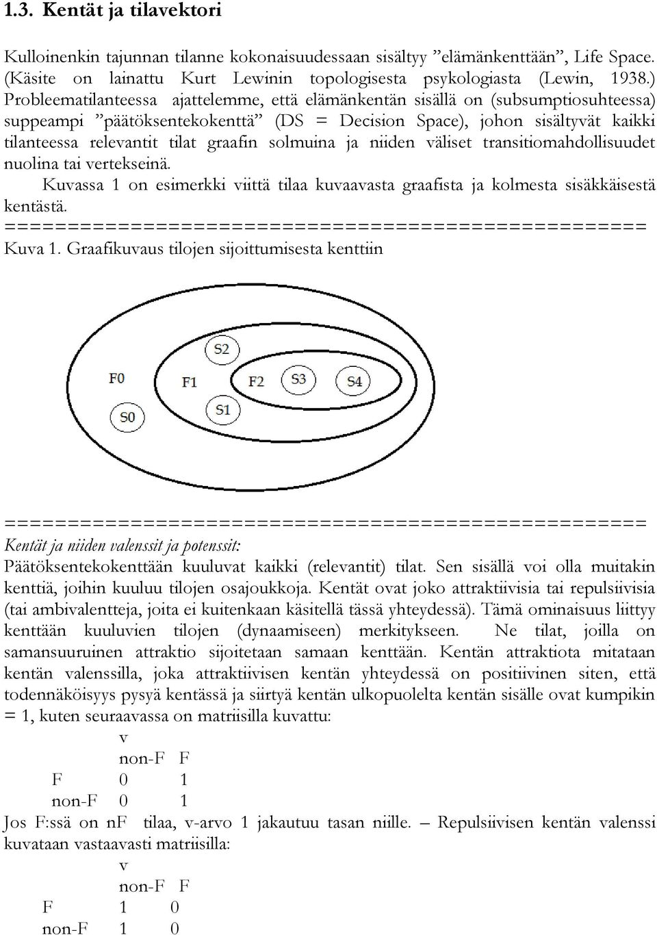 graafin solmuina ja niiden väliset transitiomahdollisuudet nuolina tai vertekseinä. Kuvassa 1 on esimerkki viittä tilaa kuvaavasta graafista ja kolmesta sisäkkäisestä kentästä. Kuva 1.
