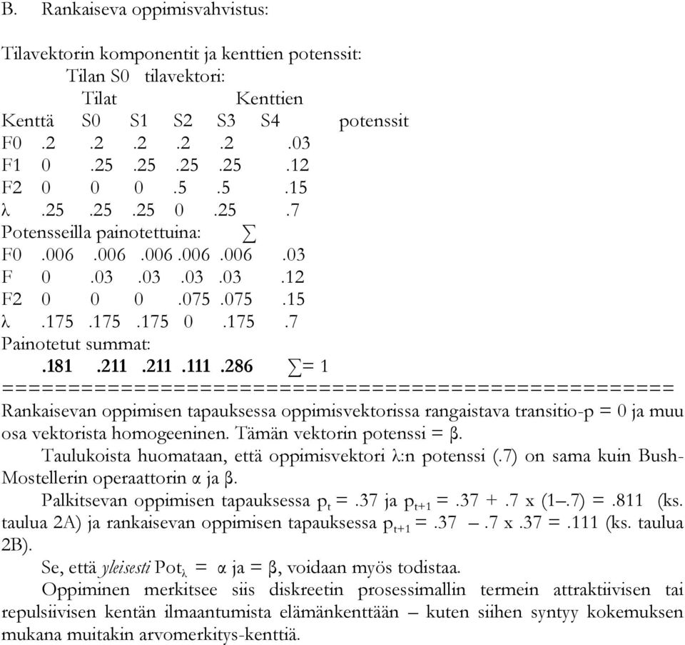 286 = 1 Rankaisevan oppimisen tapauksessa oppimisvektorissa rangaistava transitio-p = 0 ja muu osa vektorista homogeeninen. Tämän vektorin potenssi = β.