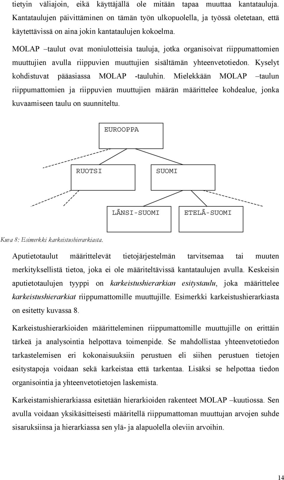 MOLAP taulut ovat moniulotteisia tauluja, jotka organisoivat riippumattomien muuttujien avulla riippuvien muuttujien sisältämän yhteenvetotiedon. Kyselyt kohdistuvat pääasiassa MOLAP -tauluhin.