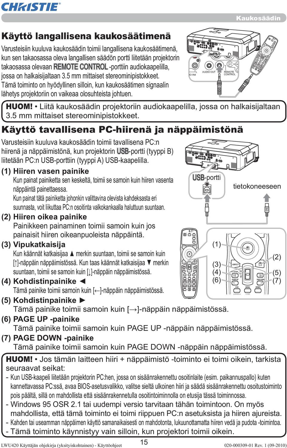 CAMERA Käyttö langallisena kaukosäätimenä Varusteisiin kuuluva kaukosäädin toimii langallisena kaukosäätimenä, kun sen takaosassa oleva langallisen säädön portti liitetään projektorin takaosassa