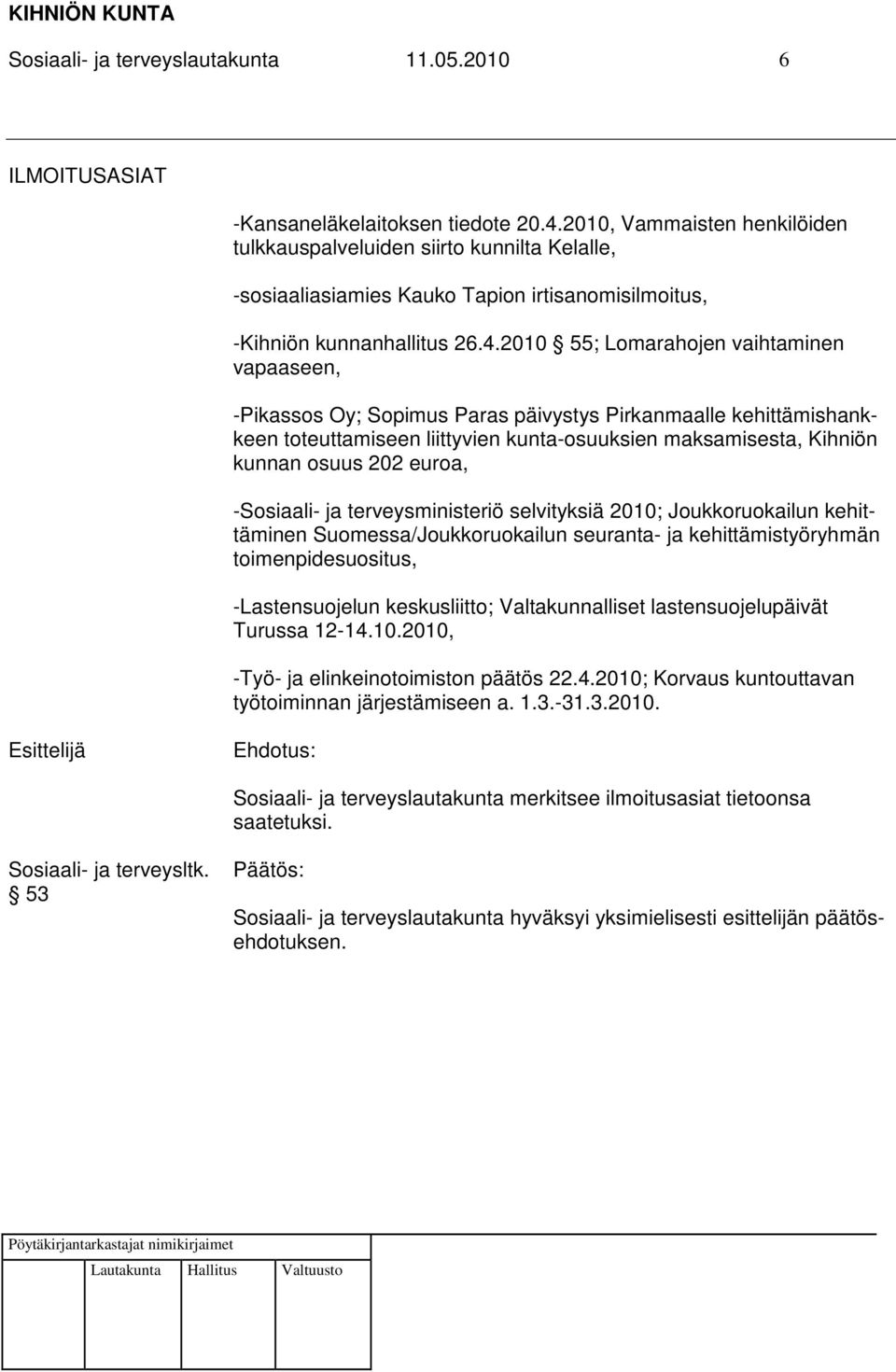 2010 55; Lomarahojen vaihtaminen vapaaseen, -Pikassos Oy; Sopimus Paras päivystys Pirkanmaalle kehittämishankkeen toteuttamiseen liittyvien kunta-osuuksien maksamisesta, Kihniön kunnan osuus 202