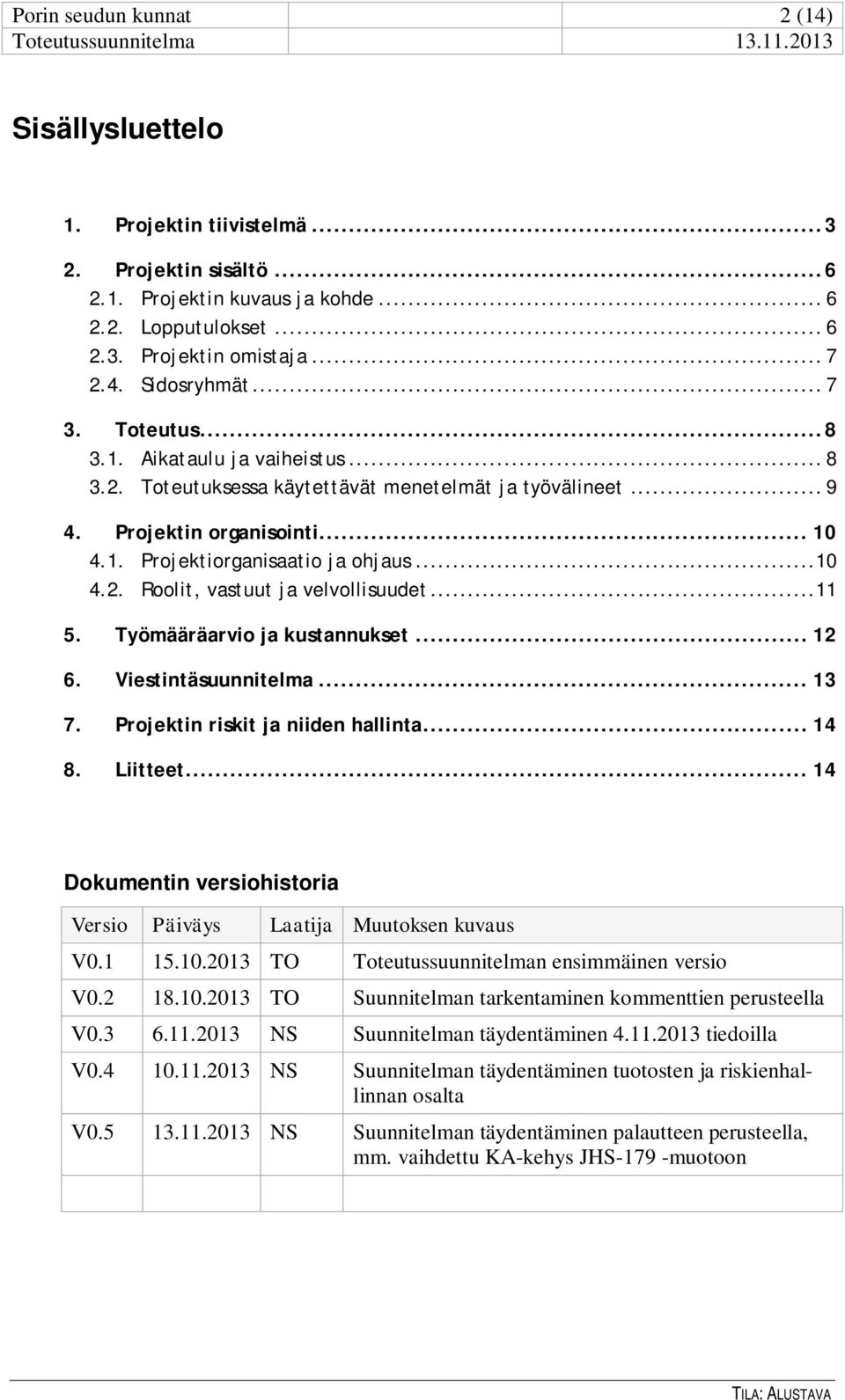 ..11 5. Työmääräarvio ja kustannukset... 12 6. Viestintäsuunnitelma... 13 7. Projektin riskit ja niiden hallinta... 14 8. Liitteet.