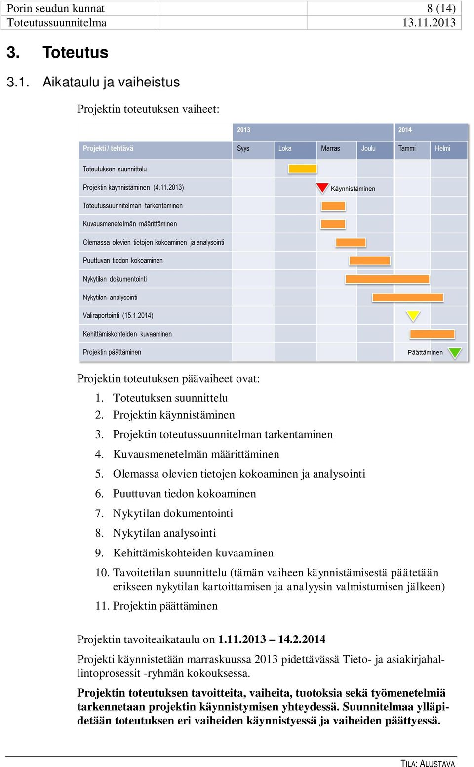 Nykytilan analysointi 9. Kehittämiskohteiden kuvaaminen 10. Tavoitetilan suunnittelu (tämän vaiheen käynnistämisestä päätetään erikseen nykytilan kartoittamisen ja analyysin valmistumisen jälkeen) 11.