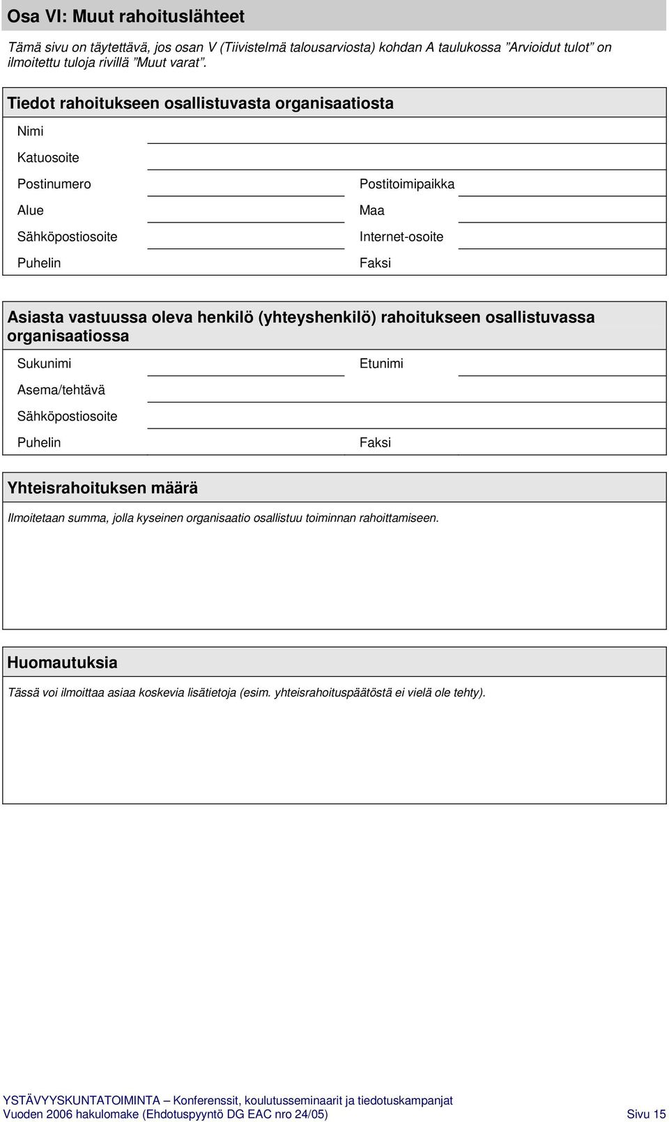 (yhteyshenkilö) rahoitukseen osallistuvassa organisaatiossa Sukunimi Etunimi Asema/tehtävä Sähköpostiosoite Puhelin Faksi Yhteisrahoituksen määrä Ilmoitetaan summa, jolla kyseinen