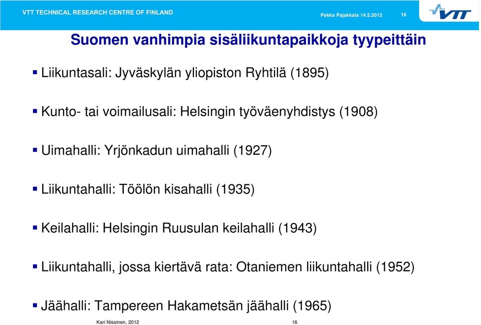 Liikuntahalli: Töölön kisahalli (1935) Keilahalli: Helsingin Ruusulan keilahalli (1943) Liikuntahalli,