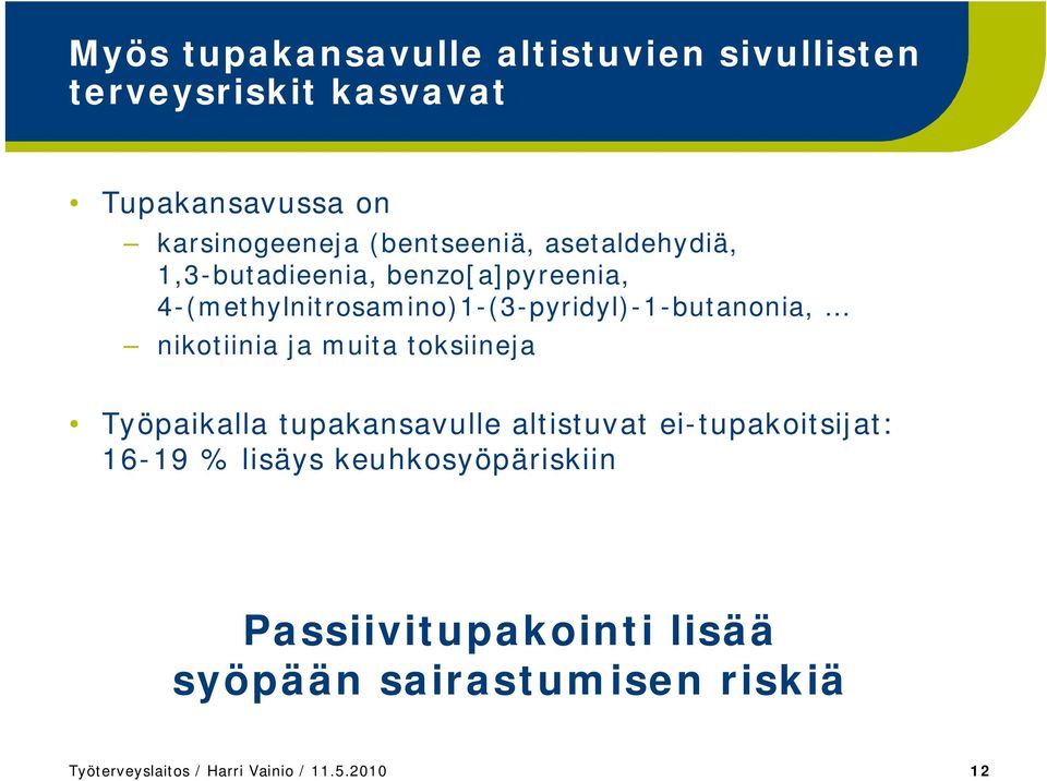 4-(methylnitrosamino)1-(3-pyridyl)-1-butanonia, nikotiinia ja muita toksiineja Työpaikalla tupakansavulle