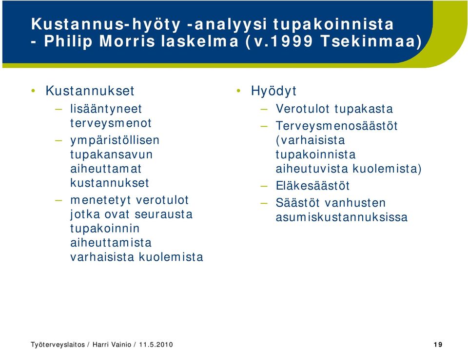 menetetyt verotulot jotka ovat seurausta tupakoinnin aiheuttamista varhaisista kuolemista Hyödyt Verotulot