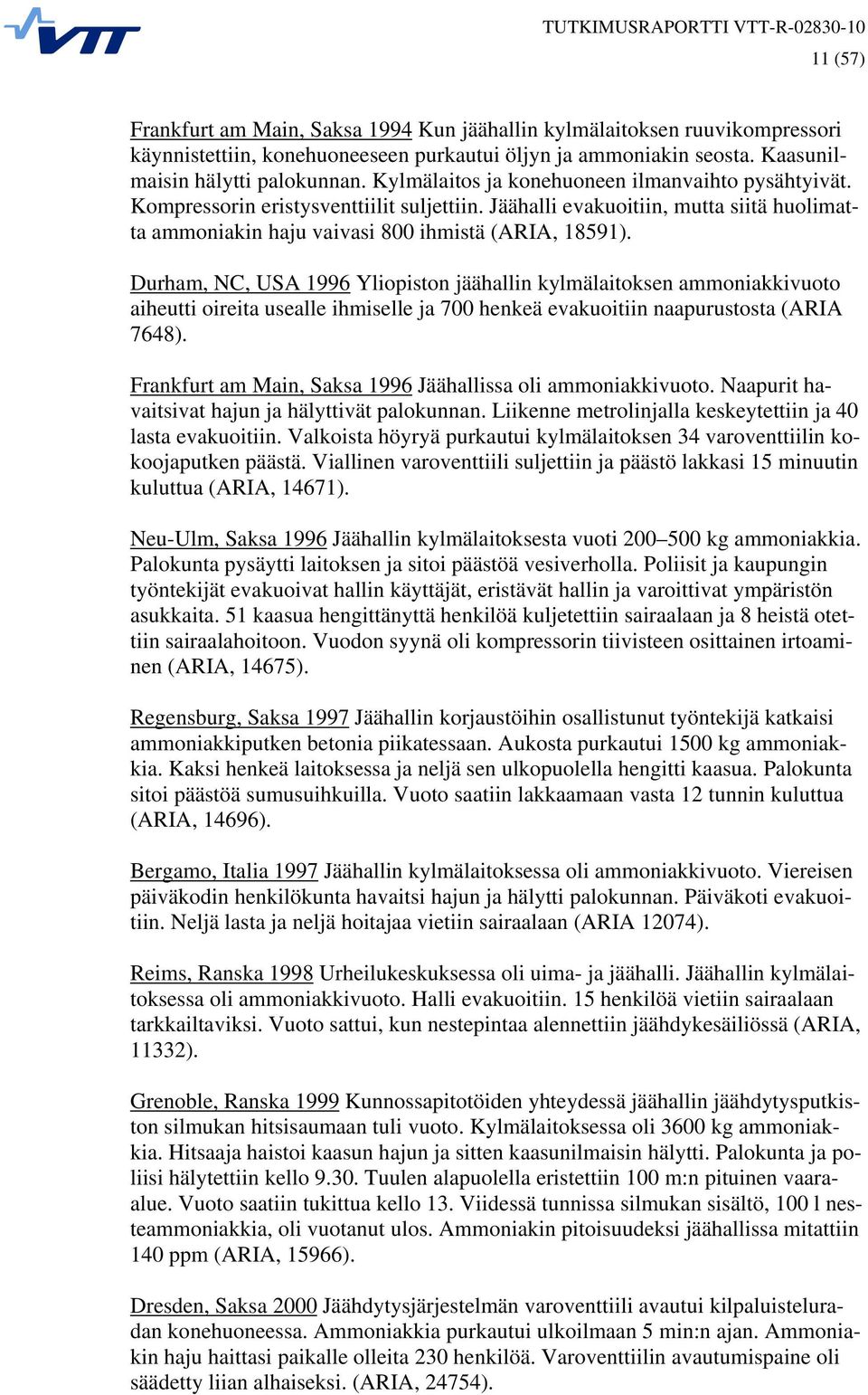 Durham, NC, USA 1996 Yliopiston jäähallin kylmälaitoksen ammoniakkivuoto aiheutti oireita usealle ihmiselle ja 700 henkeä evakuoitiin naapurustosta (ARIA 7648).